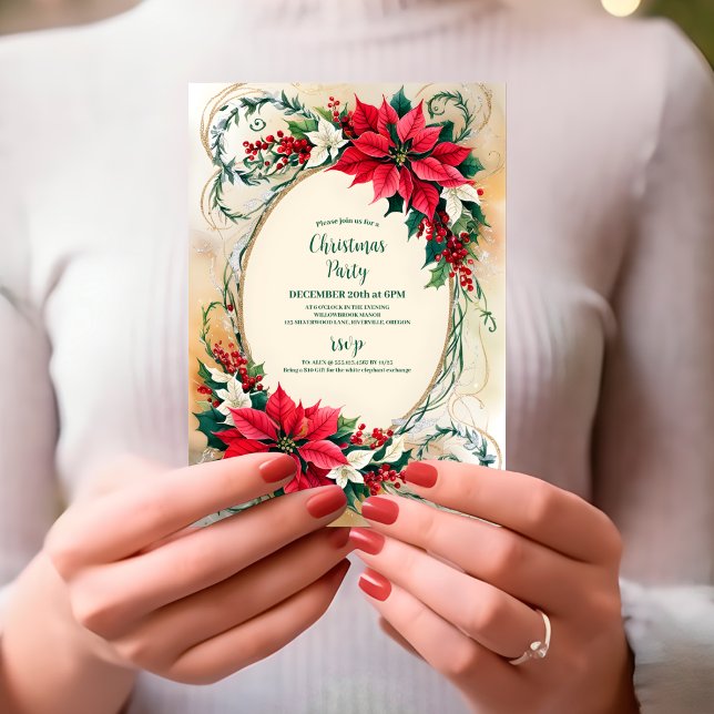 Convite Poinsettia Holly Berries Festa Floral de Natal (Criador carregado)