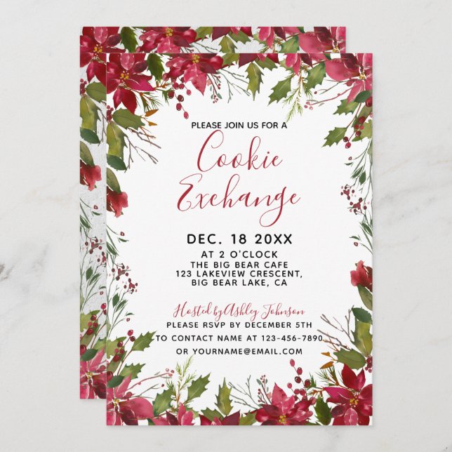 Convite POINSETTIA + HOLLY Watercolor Cookie Exchange (Frente/Verso)