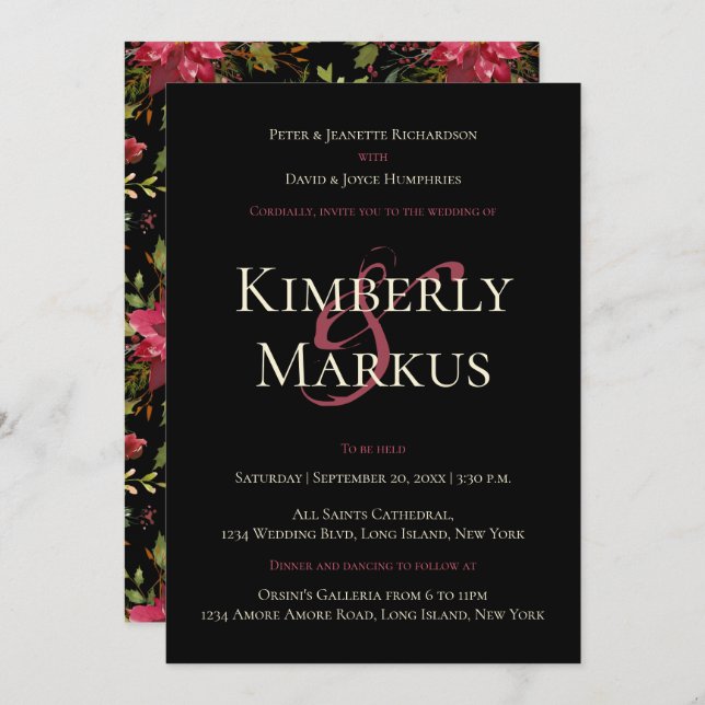 Convite Poinsettia Monograma Claret Red (Frente/Verso)