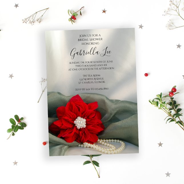 Convite Poinsettia Pearls no Chá de panela Verde de invern (Invite guests to your December event with the Poinsettia and Pearls Winter Bridal Shower Invitation.)