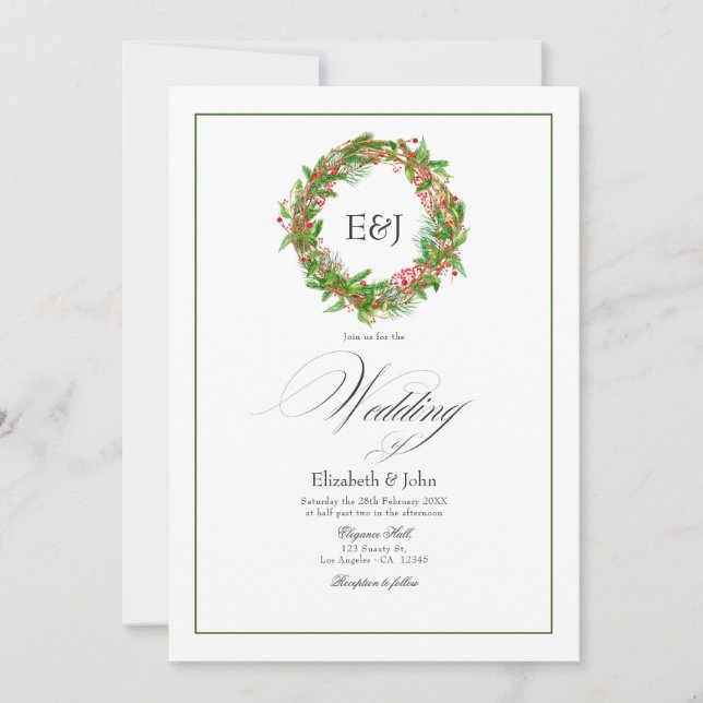 Convite Poinsettia & Pine Charme de Natal de Casamento Cód (Frente)