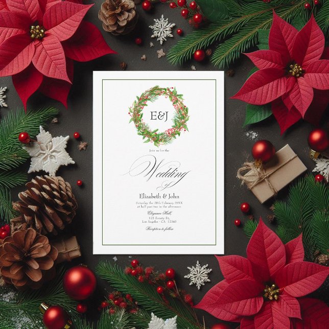 Convite Poinsettia & Pine Código QR de Casamento de Natal (Poinsettia & Pine Christmas Wedding Charm QR Code Invitation)