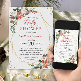 Convite Poinsettia Quadro Dourado Floral Chá de fraldas de