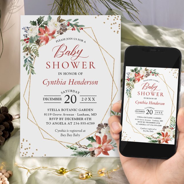 Convite Poinsettia Quadro Dourado Floral Chá de fraldas de (Perfect choice for a winter-themed baby shower, allowing you to set the stage for a joyful time.)
