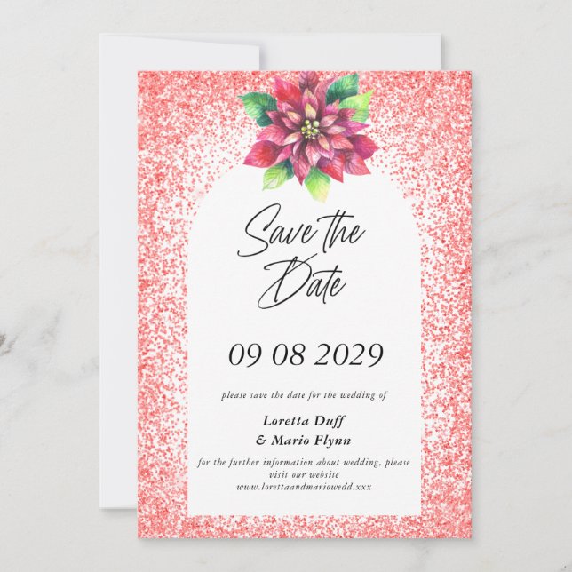 Convite Poinsettia Red Glitter Save the date Invitation (Frente)