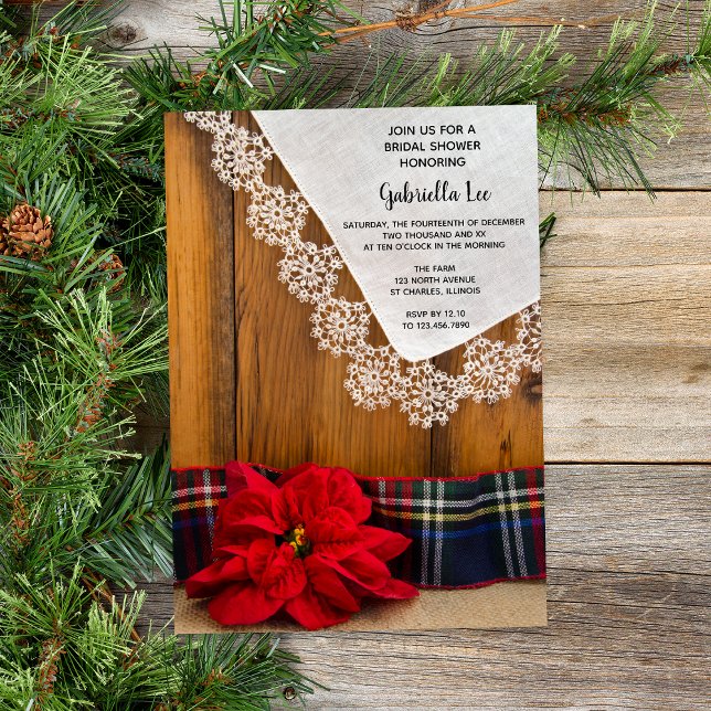 Convite Poinsettia russa e Chá de panela de inverno Xadrez (Set a rustic wintery tone for your December barn party bridal shower with this charming invitation.)
