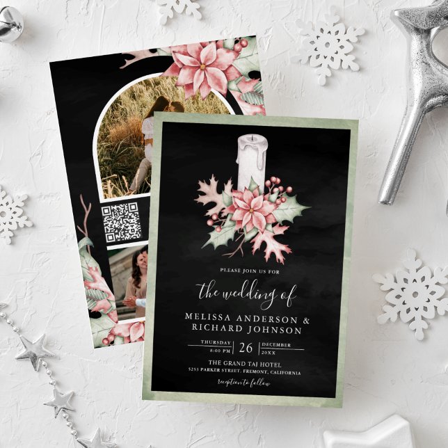 Convite Poinsettia Vela de Natal Código QR Preto Casamento (Criador carregado)