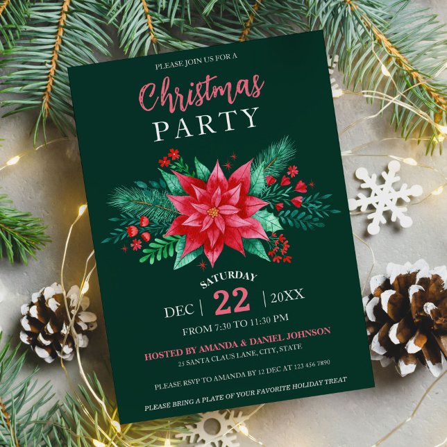 Convite Poinsettia Verde Escuro Elegante Vermelho (Red Watercolor Poinsettia Flowers Christmas Party Invitation)