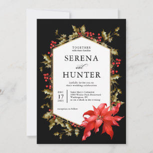 Convite Poinsettia Vermelha e Azevinho Casamento de Invern