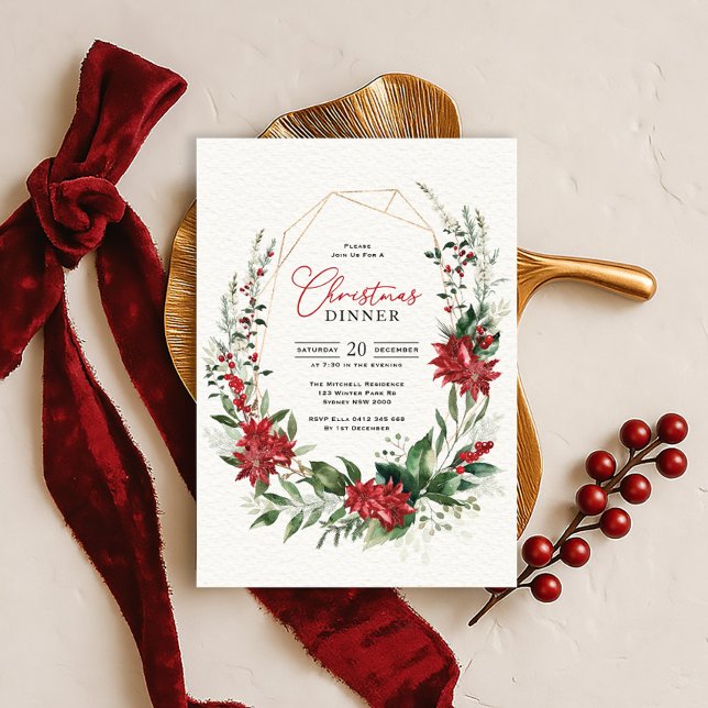 Convite Poinsettia Vermelha Moderna Jantar de Natal com Ve (Criador carregado)