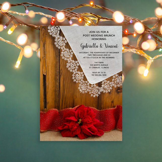 Convite Poinsettia Vermelha Rústica Brunch de Inverno Pós- (Set a festive tone to your day after celebration with this rustic chic post wedding brunch invite.)