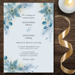 Convite Poinsettias Azuis e Douradas Modernas no Casamento