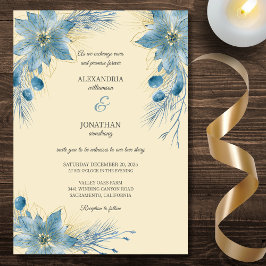 Convite Poinsettias Azuis e Dourados Modernos no Casamento