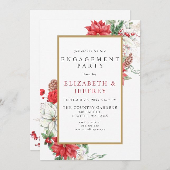 Convite Poinsettias Dourada Festa de noivado de Natal Holl (Frente/Verso)