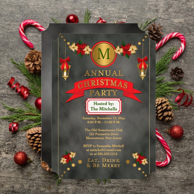 Convite Poinsettias | Festa de Natal do Monograma (Poinsettias Lanterns Monogram Christmas Party Invitation)