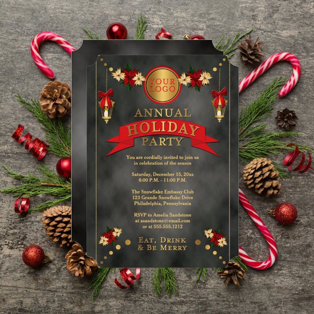 Convite Poinsettias | Lanterna do Feriado Corporativo (Poinsettias Lanterns Corporate Holiday Party Invitation)