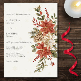 Convite Poinsettias Vermelhas e Marfim na Neve em Casament