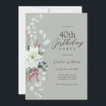 Convite Pointsettia Branca aniversário de 40 anos<br><div class="desc">Um convite perfeito para comemorar um aniversário de 40 anos durante o Natal, este elegante design floral apresenta uma adorável poinsettia branca com eucalipto, bagas vermelhas e holly e um fundo verde sábio. Personalizado com detalhes específicos de sua parte. A idade pode ser personalizada para qualquer idade. Para sua conveniência,...</div>