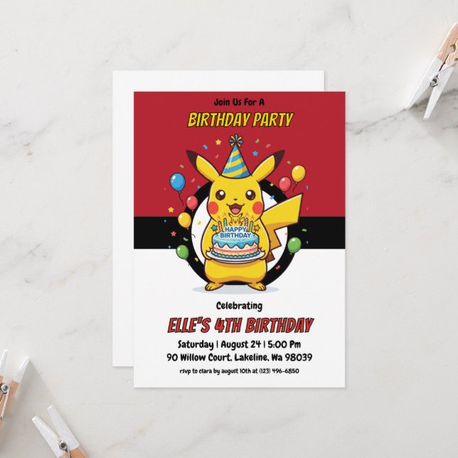 Convite Pokémon Birthday Invitations (Frente/Verso In Situ)