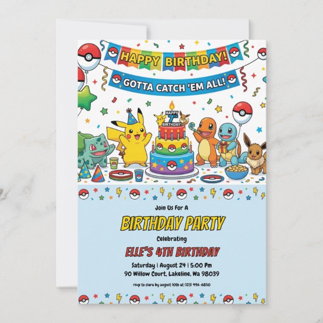 Convite Pokémon Birthday Invitations (Frente)