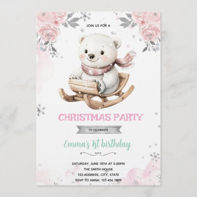 Convite Polar Bear and Snowflakes Invite (Frente)