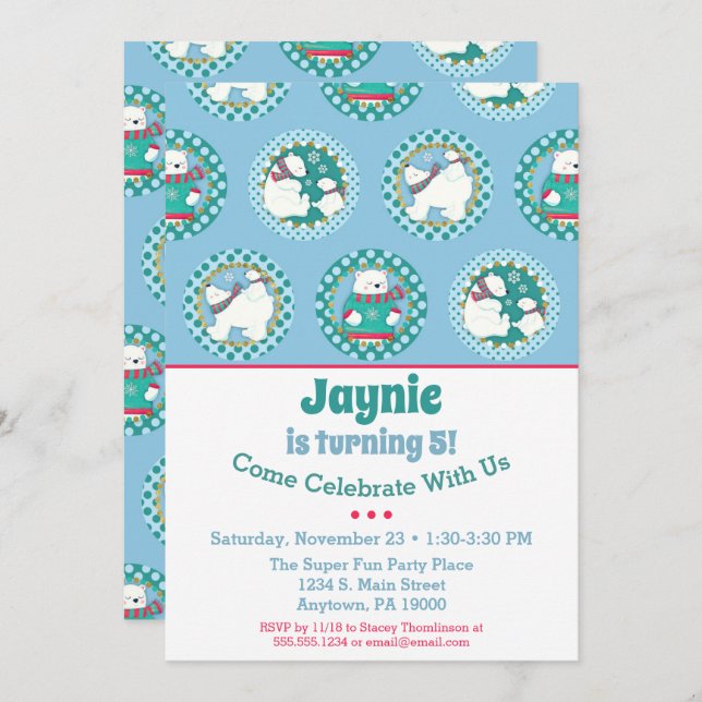 Convite Polar Bear Aniversário Festa de inverno Azul (Frente/Verso)