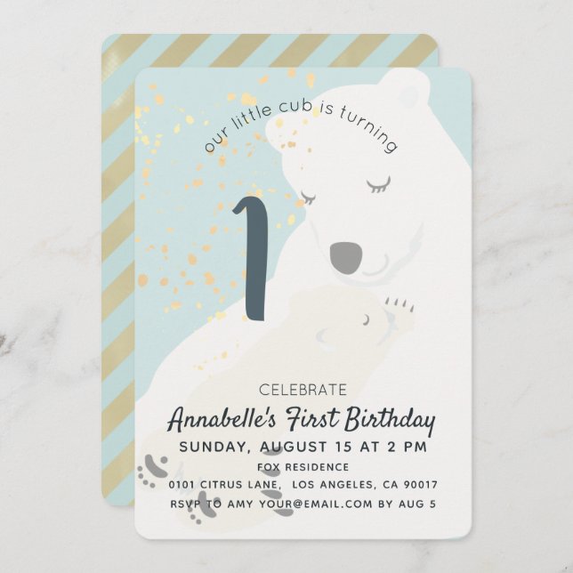 Convite Polar Bear Mãe e Cub primeiro aniversario Azul Con (Frente/Verso)