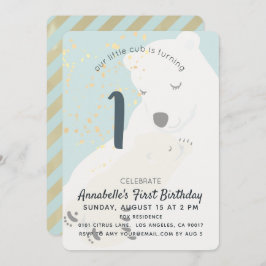 Convite Polar Bear Mãe e Cub primeiro aniversario Azul Con