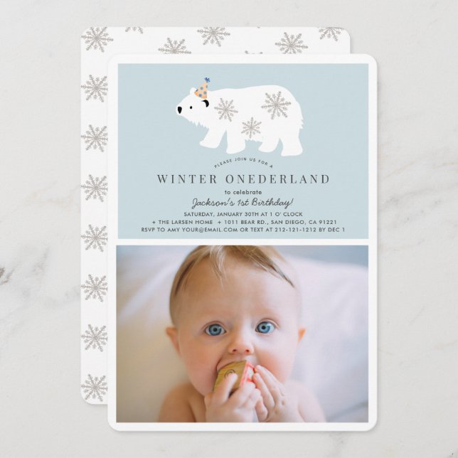 Convite Polar Bear Winter Onederland Photo bl primeiro ani (Frente/Verso)