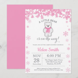 Convite Polar Bear Winter Pink Girl Chá de fraldas Floco