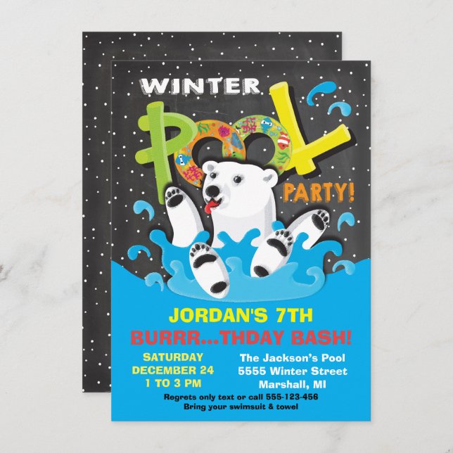 Convite Polar Bear Winter Piscina Party Pluny (Frente/Verso)