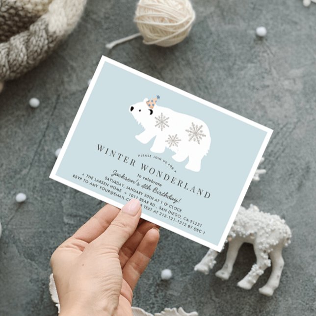 Convite Polar Bear Winter Wonderland Blue Aniversário (Criador carregado)