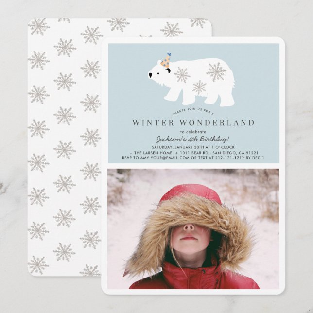 Convite Polar Bear Winter Wonderland Foto Blue Birthday (Frente/Verso)