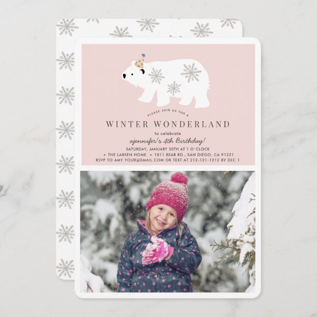 Convite Polar Bear Winter Wonderland Foto Rosa Aniversário (Frente/Verso)