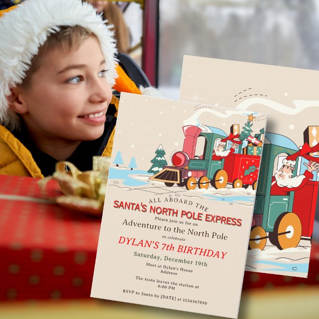 Convite Polar Express Train Kids Birthday Party Adventure (Santa's Polar Express Train Kids Birthday Party North Pole Adventure Sleepover Invitation)