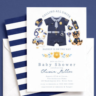 Convite Police Baby Shower Invitation Blue Stripe