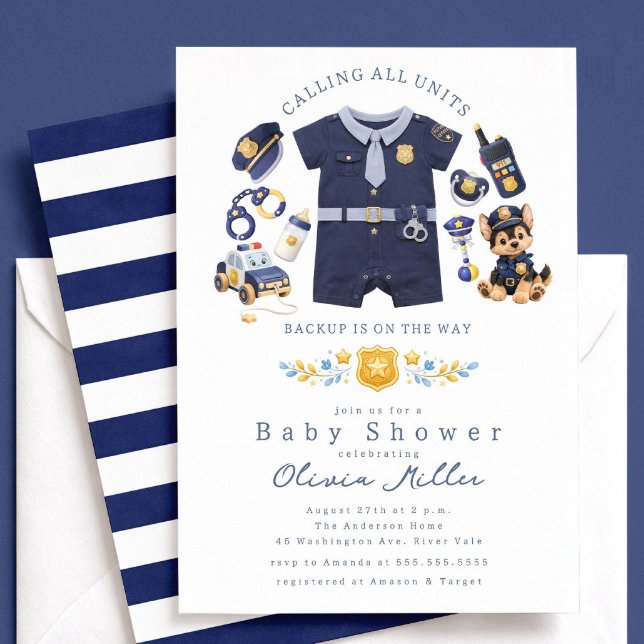 Convite Police Baby Shower Invitation Blue Stripe (Criador carregado)