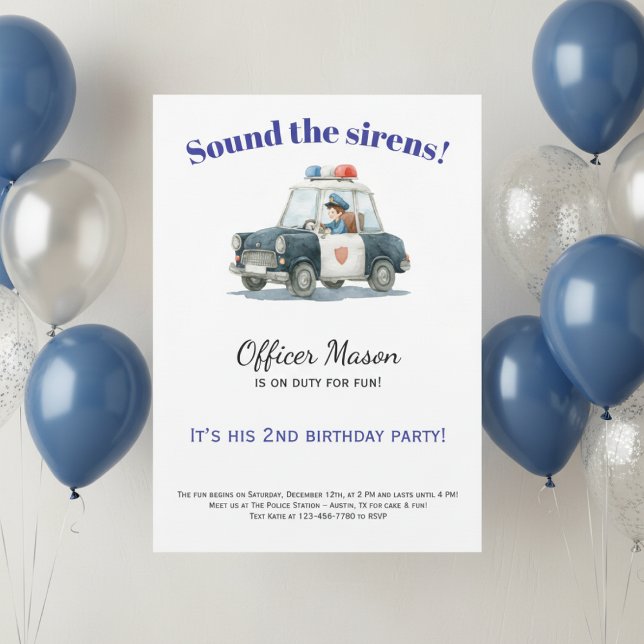 Convite Police Birthday Invitation • Officer Car (Watercolor police birthday invitation for boy with blue balloon decor and neutral background)