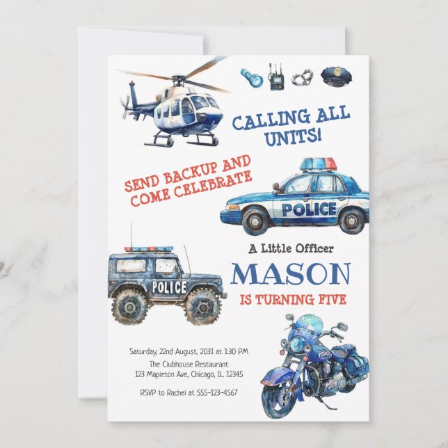 Convite Police Birthday Invitation Police Officer Party (Frente)