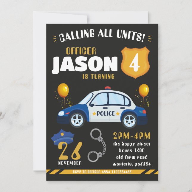 Convite Police Black Invitation for Birthday Party Cops (Frente)