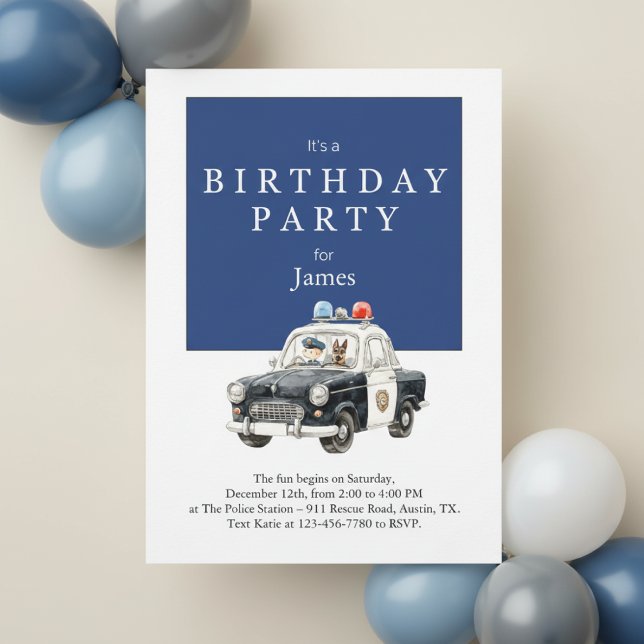 Convite Police Car Birthday Invitation • Boy Party Invite (Watercolor police birthday invitation on beige surface with blue balloon decor in background)