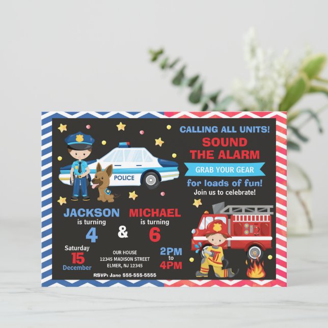 Convite Police & Firefighter Joint Birthday (Em pé/Frente)