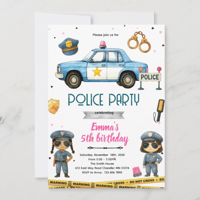 Convite Police girl party theme invitation (Frente)