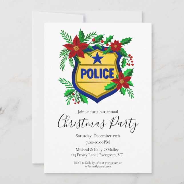 Convite Police Shield with Poinsettia Merry Christmas  (Frente)