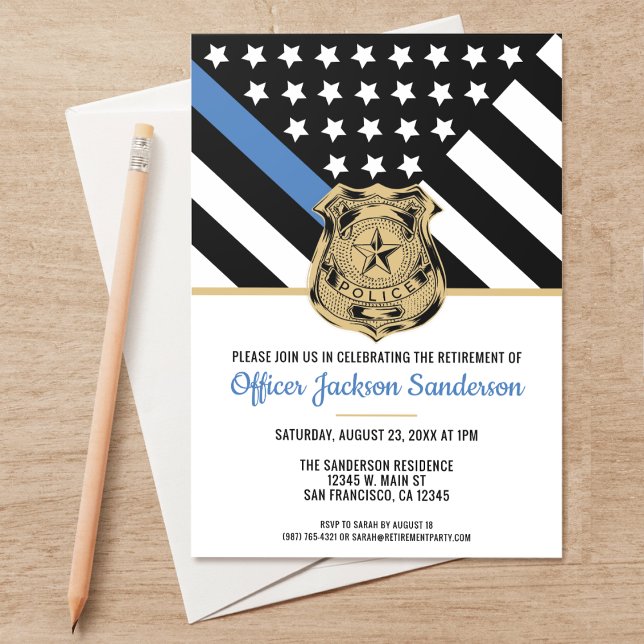 Convite Polícia de Linha Azul Fino da Polícia (Perfect invitations to invite guests to honor the retiring police and law enforcement officer.)