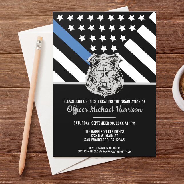 Convite Polícia de Sinalizador da Linha Azul de Graduação  (Invite all your family and friends to celebrate the police academy graduation of the new officer!)