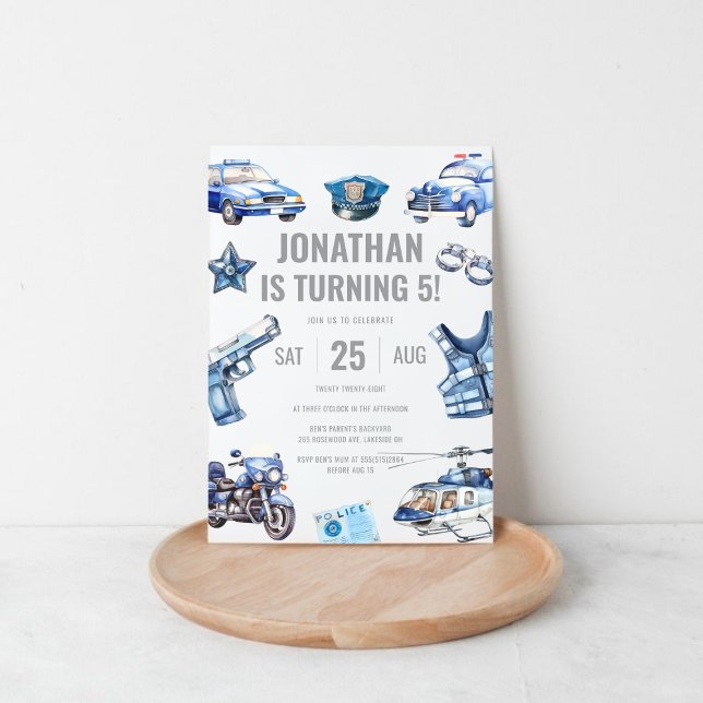 Convite Policial Themed Boys 5 Festa de aniversário (Police Officer Themed Boys 5th Birthday Party Invitation)