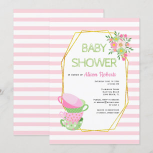 Convite Polígono Dourado, chá de fraldas floral do tea