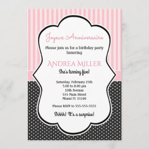 Convite Polka Black White Pink Strike Aniversário