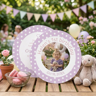 Convite Polka Dot Lavender 1st Birthday Photo Invitation
